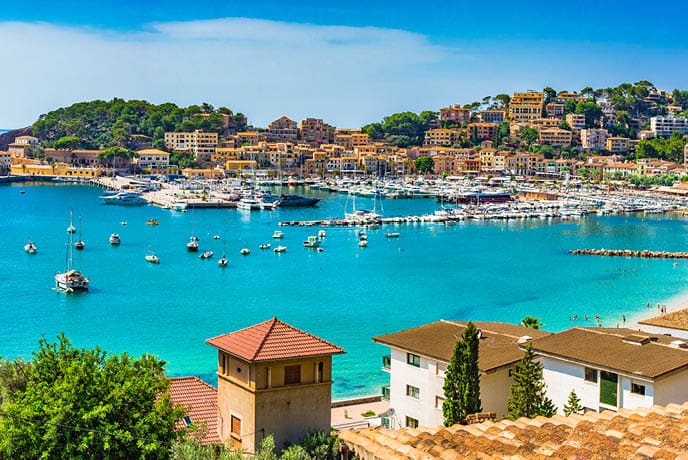 Beautiful panoramic view on Mallorca island, idyllic coast of Port de Soller, Spain Mediterranean Sea
