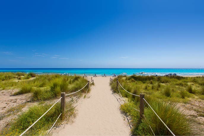 Alaior Cala Son Bou in Menorca turquoise beach at Balearic islands